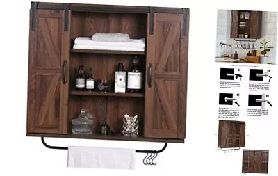  Rustic Wood Wall Storage Cabinet With Two Sliding Barn Door 3 Dark Walnut • $193.09