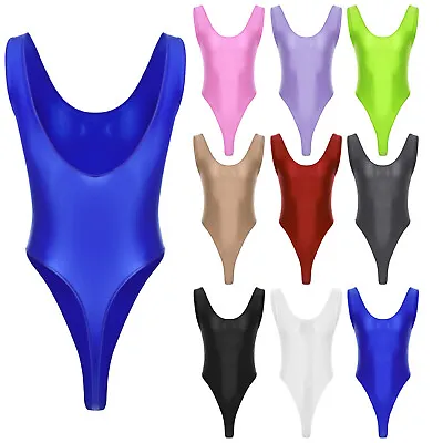 Men's Oil Glossy High Cut Swimsuit Sleeveless Thong Bodysuit Leotard Underwear • £8.27