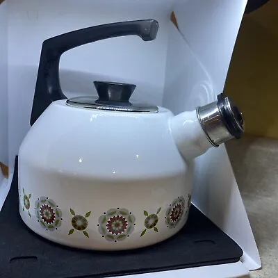 Rare Vintage Mid Century Enamelware Whistling Tea Kettle MCM Tea Pot Floral • $24.99