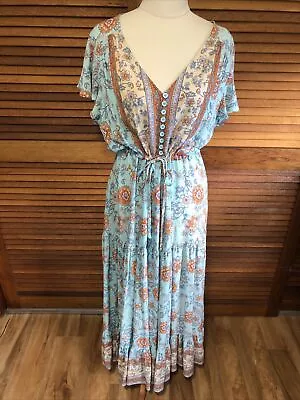 Salty Bright Dress Size 12 Womens Boho Green Multicoloured Paisley Layered Maxi • $38.50