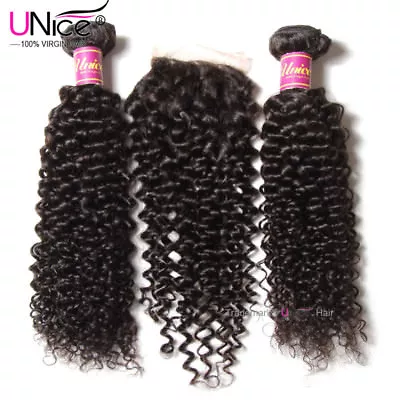 Malaysian Curly Hair Weave 2 Bundles With Lace Closure 100% Human Hair Extension • $134.01