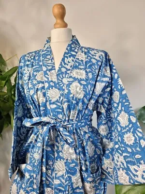 $36.29 • Buy Indian Cotton Blue Floral Printed Women's Clothing Nightwear Kimono Robe Gown AU