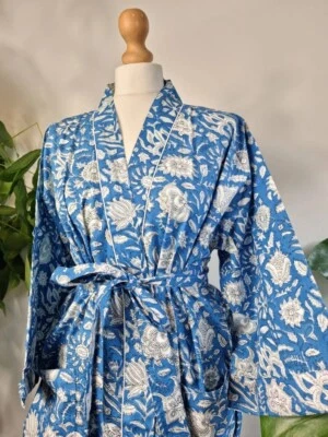 $36.29 • Buy Indian Cotton Blue Floral Printed Women's Clothing Nightwear Kimono Robe Gown AU