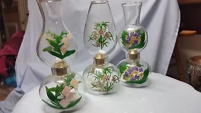 Set Of 3 Handpainted Florals Clear Glass Mini Oil Lamps And New Wicks • $32.50
