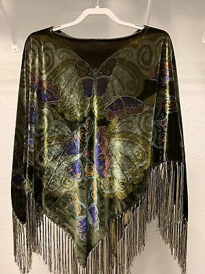 Poncho-Green Velvet/Lined Iridescent Fringed Exquisite! • $36