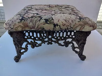 Vintage Ornate Victorian Cushioned Cast Iron Foot Stool Small Ottoman • $89.99