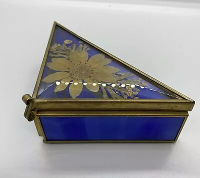 Blue Slag Glass Beveled Glass With Dried Flowers Mirrored Triangular Trinket Box • $17.99