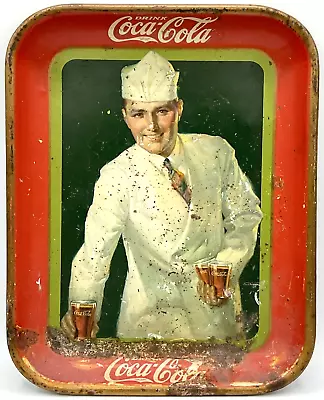 Rare Vintage Coca Cola Soda Jerk Metal Serving Tray Coke Pop Man Fountain RUSTY • $124.95