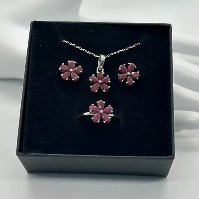 Natural Ruby Flower Jewelry Set  - Necklace Earrings & Ring - Simply Beautiful! • $129