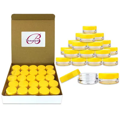 Beauticom® (50 PCS) 3G/3ML Clear Plastic Refillable Jars With Yellow Flat Lids  • $8.59