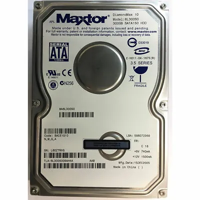 6L300S0  - Maxtor 300GB 5400 RPM SATA 3.5  HDD • $56