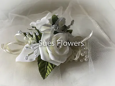 Wedding Flowers Ivory Pearl Bracelet Wrist Corsage • £8.99
