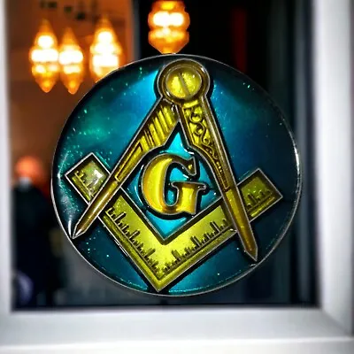 VTG Freemason Suncatcher Masonic Symbol Square & Compass Stained Glass Gold 3.5  • $15.29