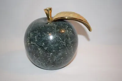 Vintage Green Apple Polished Marble PaperWeight Brass Stem Brass Leaf • $22.79