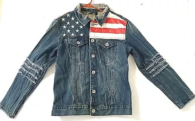 Dsquared Stripes & Stars Distressed Women's Denim & Faux Leather Boho Jacket - L • $28.99