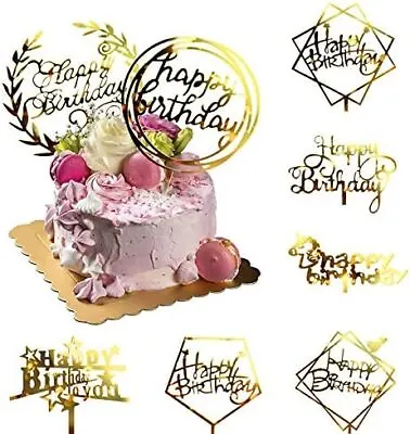 OWill 8 Pcs Acrylic Glitter Gold Cake Topper Acrylic Cake Toppers Happy Birthda • £5.66