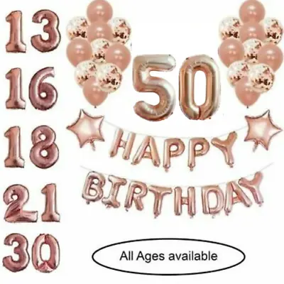 Rose Gold Happy Birthday Foil Balloons Age Party Decorations Banner Garland • £3.25