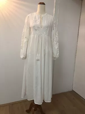 Zara Embroidered White Maxi Dress Boho Peasant Gypsy Prairie Smock Cottagecore • $35