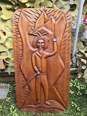 £24.99 • Buy Signed Hand Carved Wood Panel 3D Art Dreadlocks Man With Walking Stick 1980's 