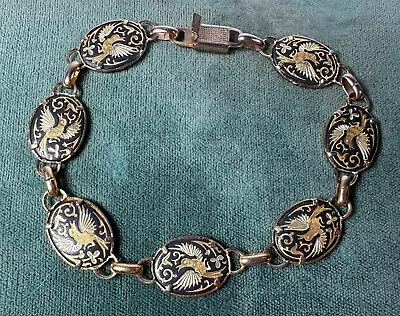 Vintage Gold Tone & Black Damascene Bird Link Bracelet • $14.99