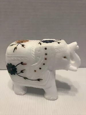 Hand Carved Marble Inlay Elephant With Semi-Precious Stones • $40