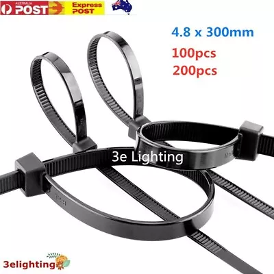 Cable Ties Zip Nylon UV Stabilised 100x 200x Pcs 4.8x300mm Black Cable Strong Au • $7.49