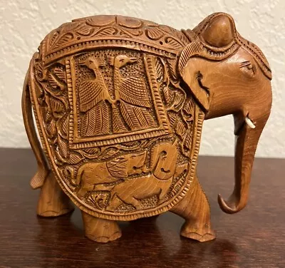 Vintage Hand Carved Elephant Wooden Detailed Sculpture Figurine With Tasks • $24