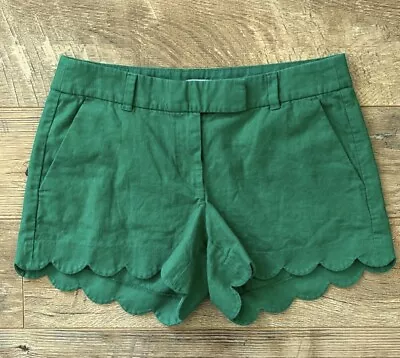 J. CREW Green Linen Blend Scalloped Summer Resort Shorts Casual Size 6 • $12