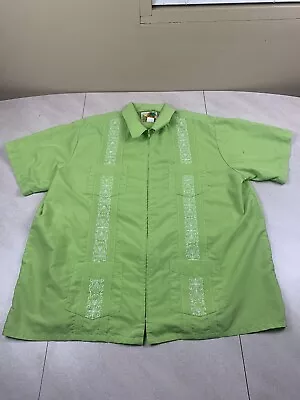 Haband Guayabera Shirt Mens XL Green White Embroidered 4 Pockets Cuban Full Zip • $17.85