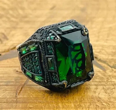 Silver Mens Ring Green Emerald Square Gemstone Ring Turkish Handmade Jewelry • $47