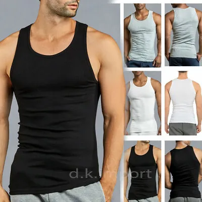 3 Pc Men 100% Cotton A-Shirt Tank Top Ribbed Undershirt Wife Beater Black Muscle • $11.95