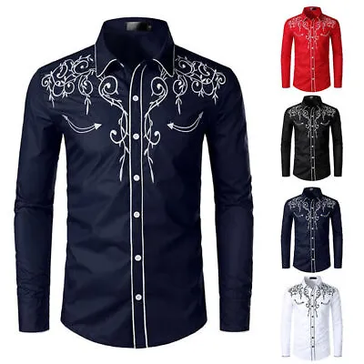 Mens Western Cowboy Shirt Long Sleeve Retro Embroidery Casual Buttons Down Shirt • $14.35