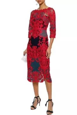 $795 NEW Marchesa Notte Guipure Lace Red Blue Navy Embroidered MIDI  Dress 2 • $385