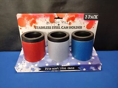 3 Pack -12oz. Blue Can Cooler Koozie Stainless Holder Insulator Red Silver Blue • $18.99