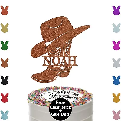 Personalised Cowboy Cake Topper Cowboy Hat & Shoe Birthday Party Glitter Decor • £2.95