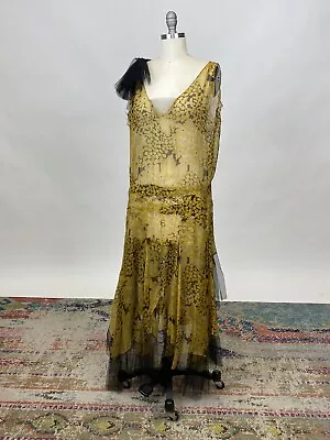 Antique Vintage 1920s Yellow  And Black Floral Print Silk Chiffon Dress AS IS • $275