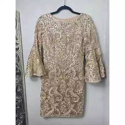 Aidan Mattox Gold Sequin Embroidered Bell Sleeve Short Cocktail Dress Sz 0 New • $89