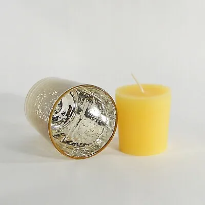 100% Pure Raw Beeswax Votive Candles In Gold Mercury Glass Holder • $6.99