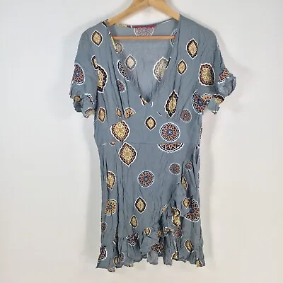 Tigerlily Womens Dress Size 14 Mini Grey Geometric Short Sleeve Vneck 075954 • $34.95