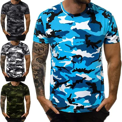 Mens Short Sleeve Camouflage T Shirt Tops Casual Camo Slim Fit Muscle Gym Tunic • £11.85