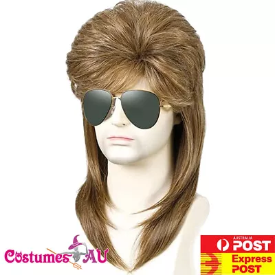 Mens Brown 80s Mullet Wig Long 1980s Disco Bogan Punk Rock N Roll Party Costume • $8.05