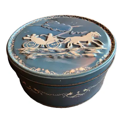 Vintage Shirley Jean Fruit Cake Horse & Carriage Metal Tin Blue Embossed 7” • £9.63