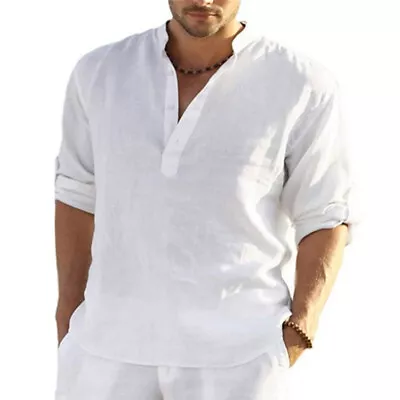 Men Long Sleeve Linen Shirt Summer Solid Loose Casual Dress Shirt Blouse Tops ❉ • $14.61
