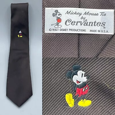 Vtg Mickey Mouse Tie Solid Brown Logo 100% Poly Walt Disney Cervantes USA 70’s • $39.95