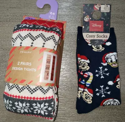 2 Pair Girls Design Christmas Tights 7/8 Mickey Mouse Cozy Socks Disney Cute! • $4.76