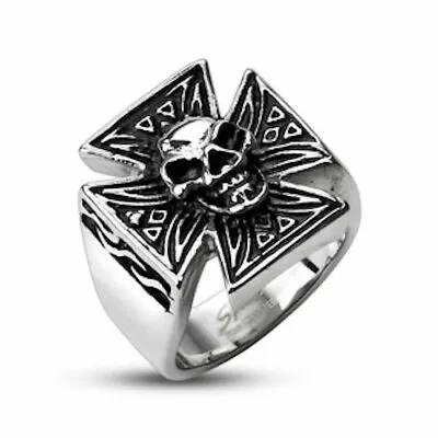 Ring Mens Biker Skull Stainless Steel Maltese Cross Jewelry Silver Tattoo Rock • $16.99