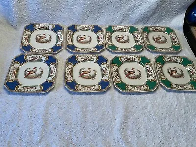 RARE MYOTT STAFFORDSHIRE CHELSEA BIRD 8 GREEN & BLUE PLATES Signed A Robert • $69.19