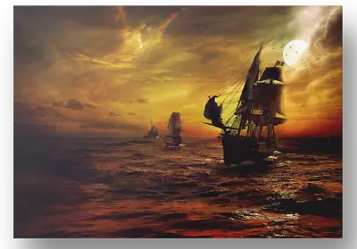 Sea Sunset Sailing Pirate Ships Canvas Picture Print Wall Art • £43.84
