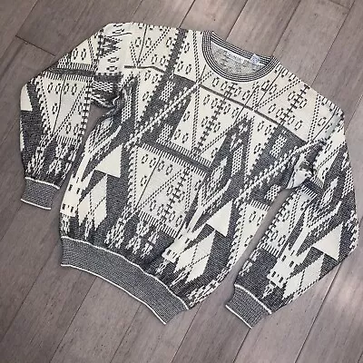 Vtg Mens Sweater All Over Print Cosby Biggie Koman Ugly Retro Mens LARGE 80s 90s • $50.57