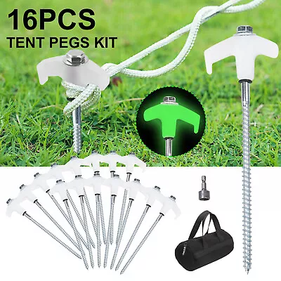 15x Heavy Duty Steel Hex Screw In Camping Tent Pegs Glow In The Dark Head + Bag • $27.99